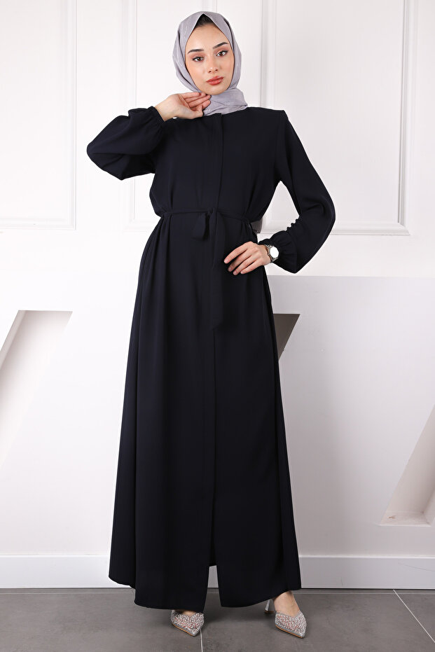 Navy Blue Sleeve Elastic Zippered Ferace