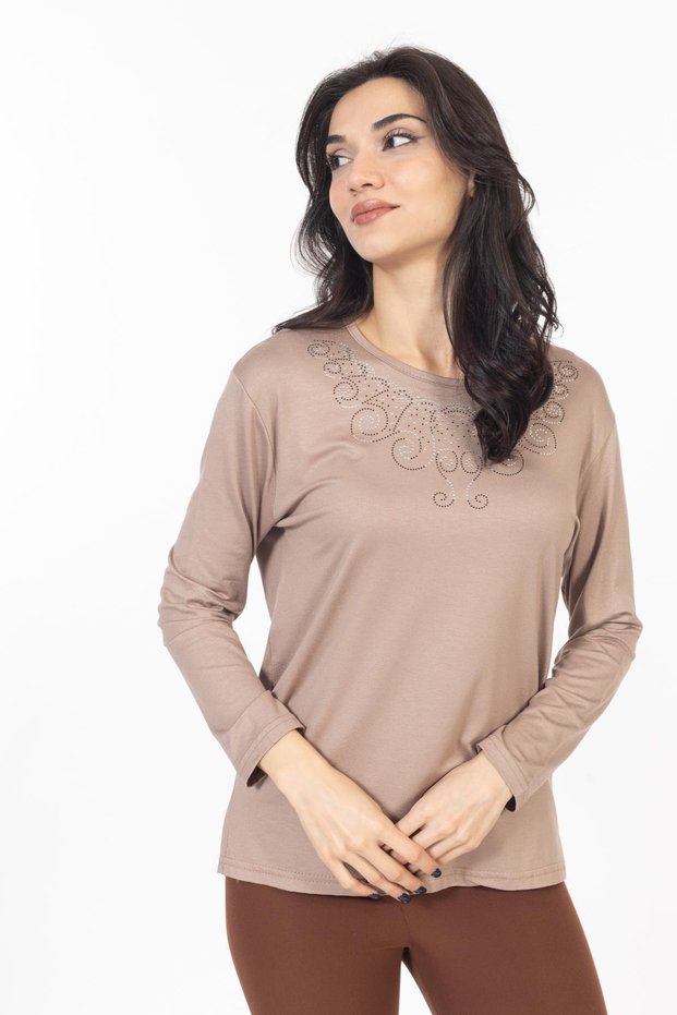 New Model Stone Embroidered Round Collar Lycra Mother's Combed Cotton Blouse 6420