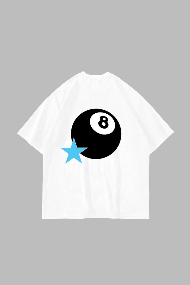 تيشيرت أبيض للجنسين مطبوع عليه Star Eight Ball مقاس كبير
