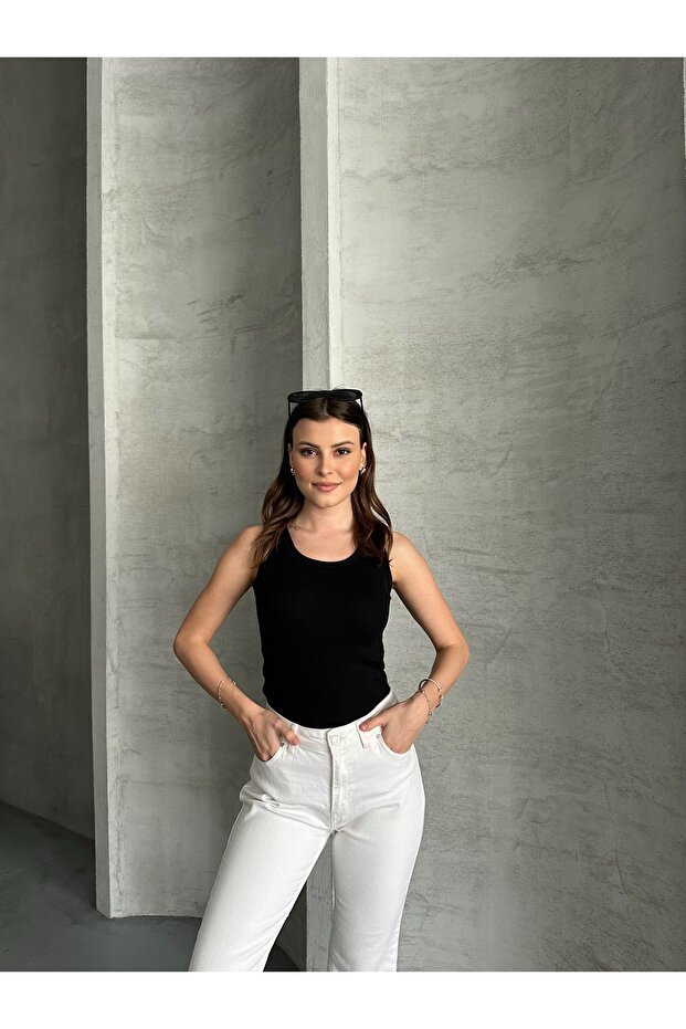 Women's Ribbed Look Thick Strap Basic White Undershirt - 5