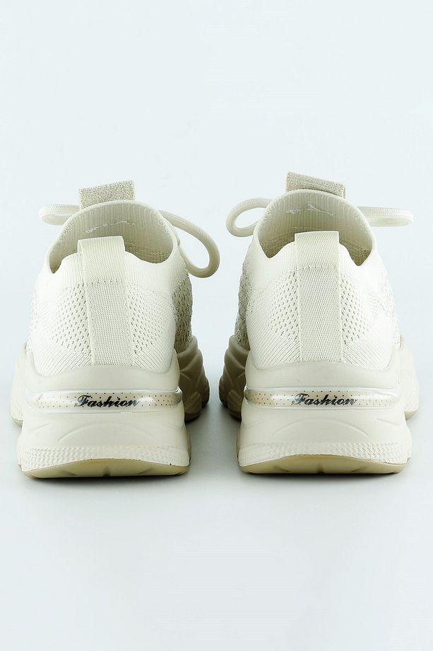 Bej Örgü Dokuma Taş Detaylı Bağcıklı Slip-on Sneaker - 3