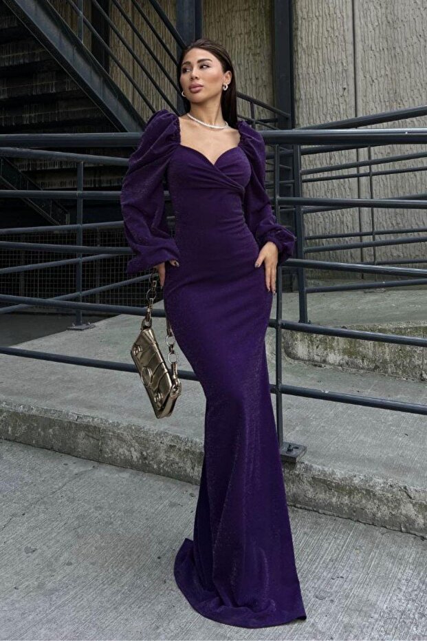 Prenses Kol Kalp Yaka Simli Krep Elbise Mor - 1