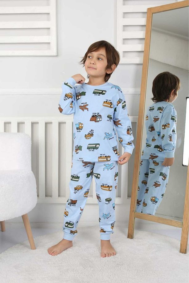 Taşıtlar Baskılı %100 Pamuk Uzun Kollu Erkek Mavi Pijama Takımı (3,4,5,6,7,8 Yaş) - 1