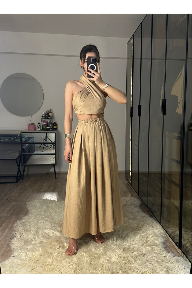 Kahlan Beige Elastic Waist Raw Linen Fabric Skirted Blouse Set