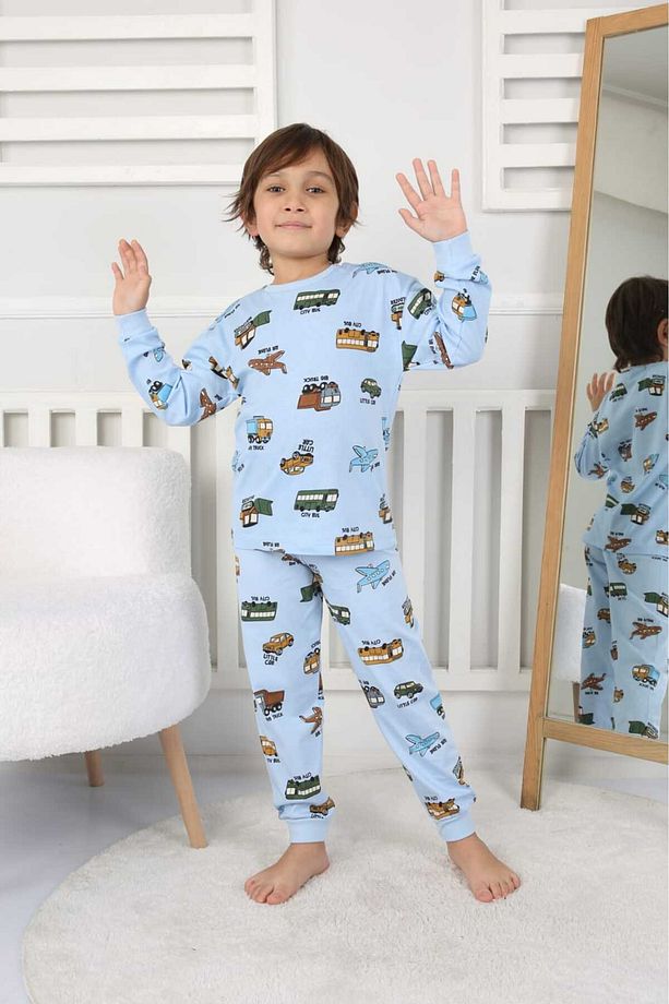 Taşıtlar Baskılı %100 Pamuk Uzun Kollu Erkek Mavi Pijama Takımı (3,4,5,6,7,8 Yaş) - 2