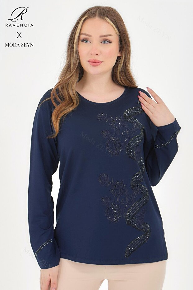 Women's Middle Age and Above Viscose Spiral Pattern Stone Embroidered Lycra Navy Blue Mother Combed Cotton Blouse