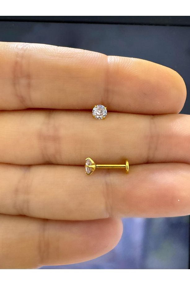 1 ADET G23 TİTANİUM ZİRKON TEK TAŞ  TRAGUS HELİX FLAT LOBE UYUMLU LABRET PİERCİNG - 4