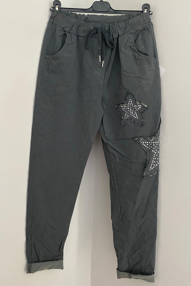 Women's Italian Dark Gray Elastic Waist Stone Embroidery Detailed Star Patched Trousers