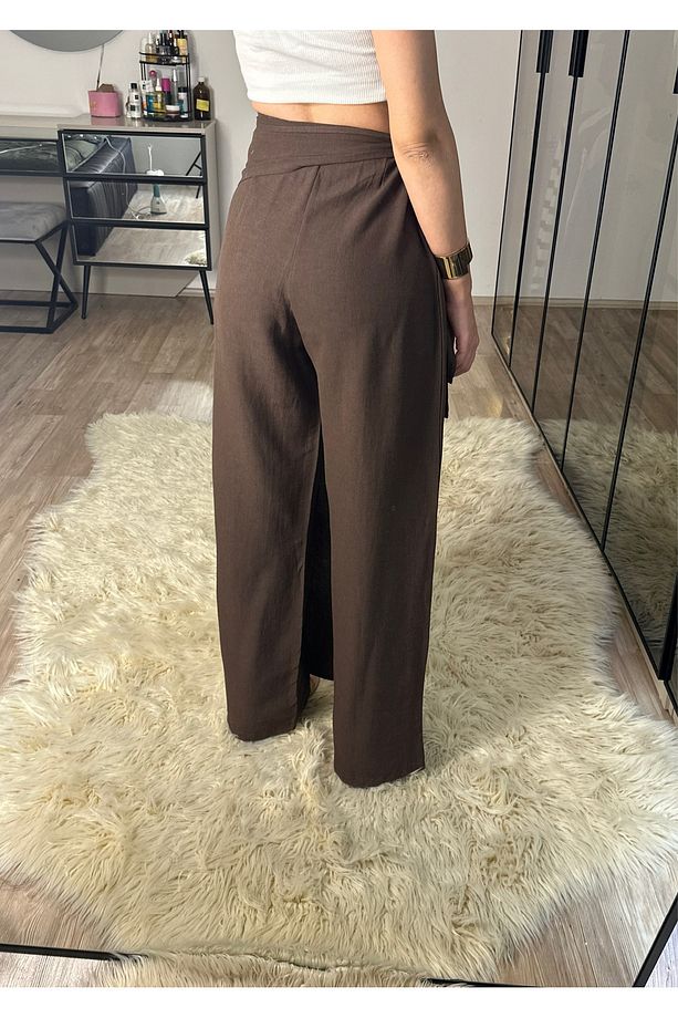 Keira Önü Kapaklı Acı Kahve Bambu Keten Ayarlanabilir Kuşaklı Yüksek Bel Pantolon - 5