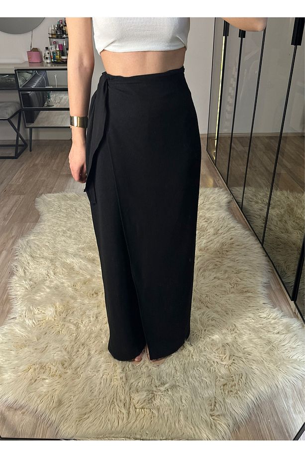 Keira Önü Kapaklı Siyah Bambu Keten Ayarlanabilir Kuşaklı Yüksek Bel Pantolon - 4