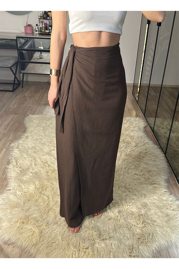 Keira Önü Kapaklı Acı Kahve Bambu Keten Ayarlanabilir Kuşaklı Yüksek Bel Pantolon - 4