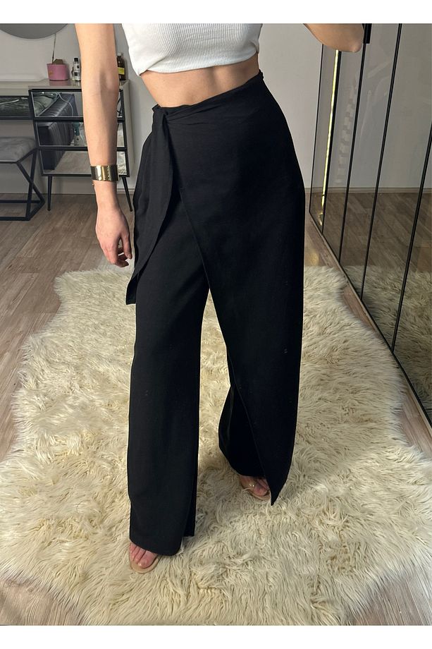 Keira Önü Kapaklı Siyah Bambu Keten Ayarlanabilir Kuşaklı Yüksek Bel Pantolon - 3