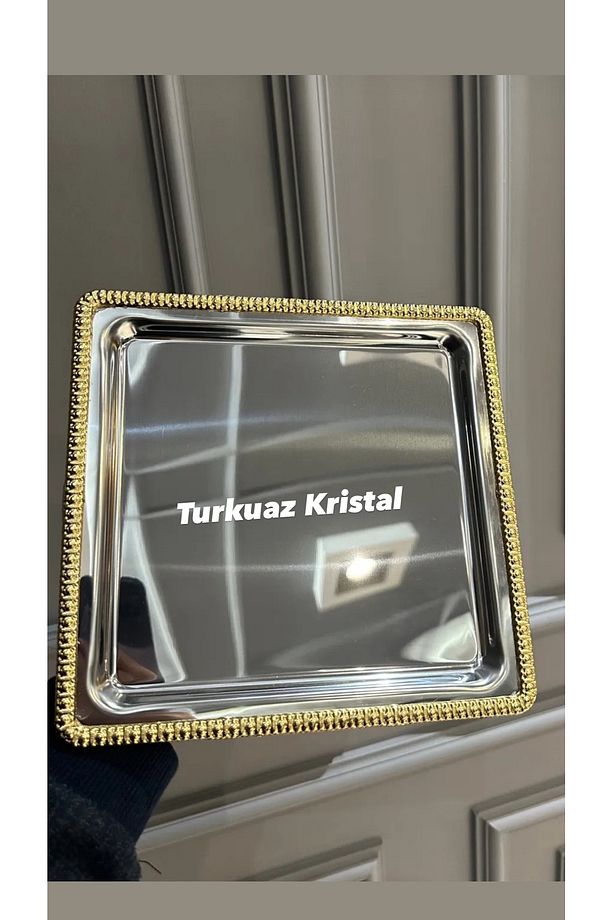 2 Adet Tek Kişilik Metal Döküm Gold Çay Kahve Sunum Tepsisi - 2