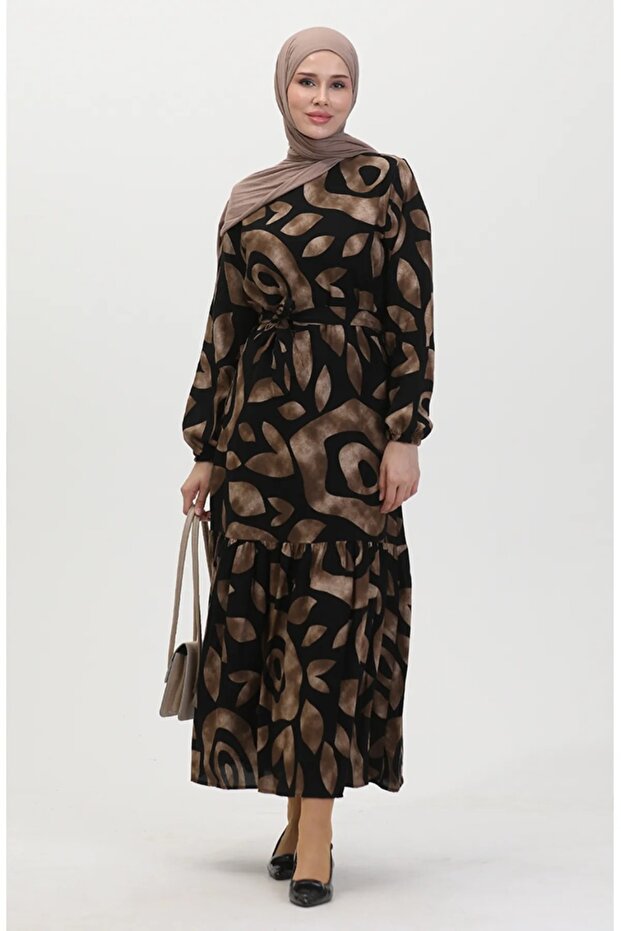 Desenli Tesettür Elbise - 1