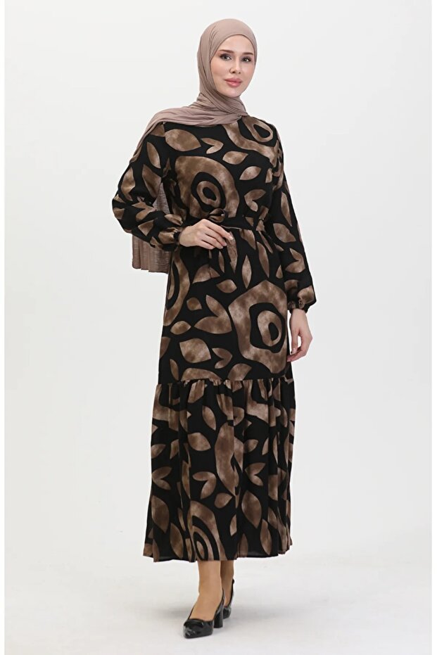 Desenli Tesettür Elbise - 2