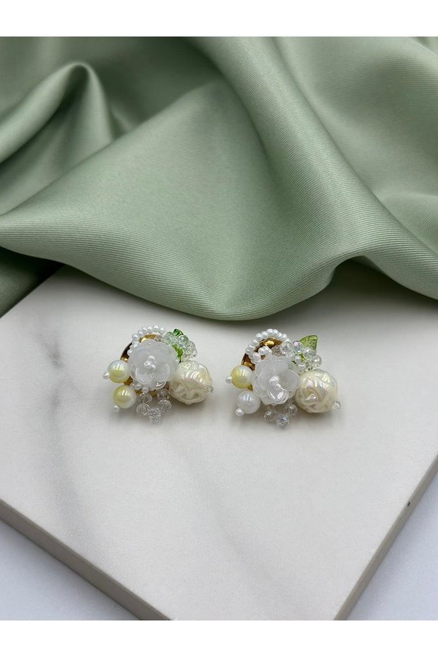 White Pearl Detailed Floral Design Earrings
