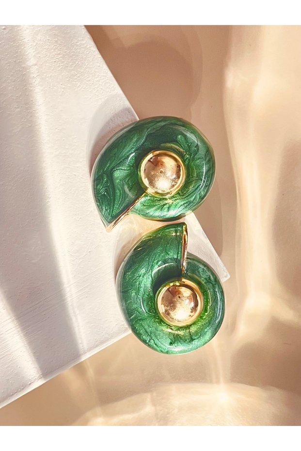 Gold Color Green Enameled Snail Model Women's Earrings