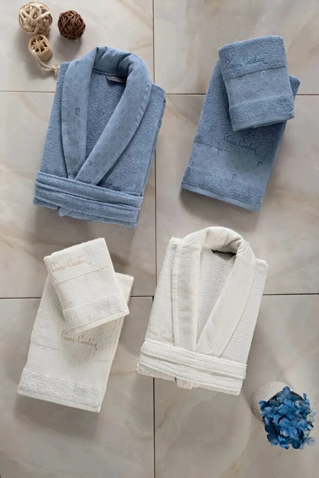 Cotton Men'S-Indigo-Cream Bathrobe&Face Towel R.O.8.8Z.B.O.Rn.Z.S.T8