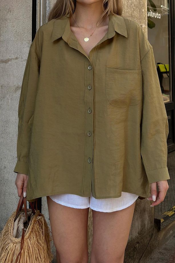 Haki Due Oversize Modal A Pile Tek Cepli Kadın Gömlek - 5