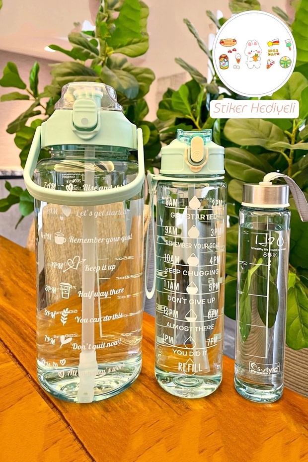 3-Piece Motivational Water Bottle with Sticker and Straw Portable Leakproof Water Bottle Soft Green Flask - 1