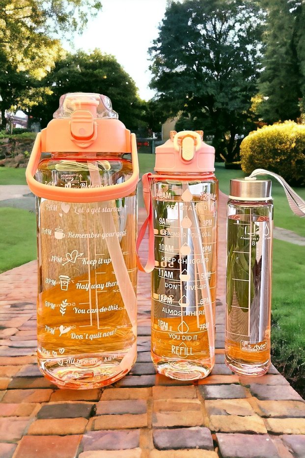 3-Piece Motivational Water Bottle Set 2000+900+500ml Sports Water Bottle with Stickers and Straw