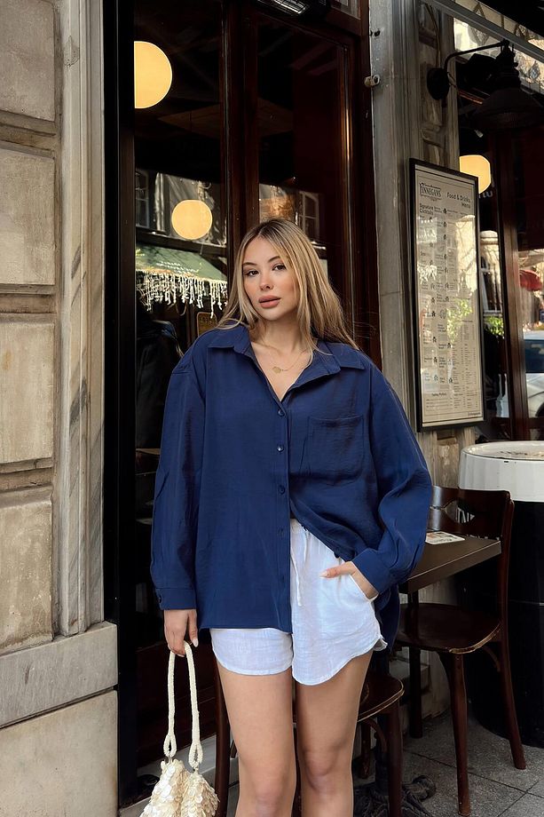 Lacivert Due Oversize Modal A Pile Tek Cepli Kadın Gömlek - 4