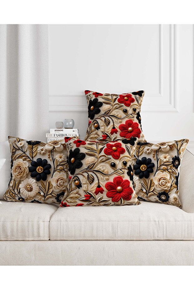Punch Embroidery Pattern Digital Printed 4-Piece Throw Pillow in Black Red Colors - Pillow Case Luxury Velvet