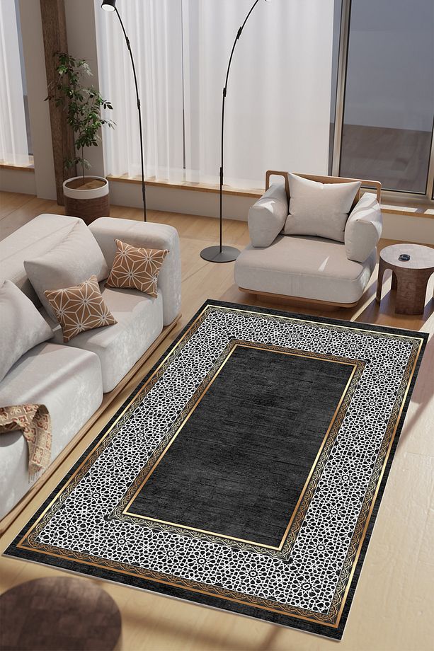 Siyah Haşmetmeab Desenli Makinede Yıkanabilir Salon Halısı Yatak Odası Halısı & Yolluk Modelleri - 1