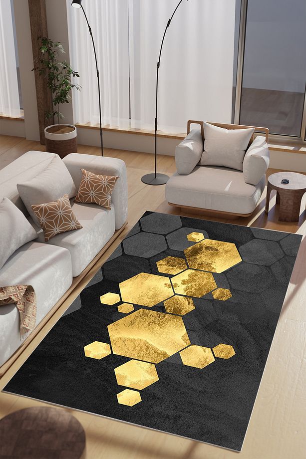 Gold Geo Desenli Makinede Yıkanabilir, Salon Salon Halısı Yatak Odası Halısı & Yolluk Modelleri - 1
