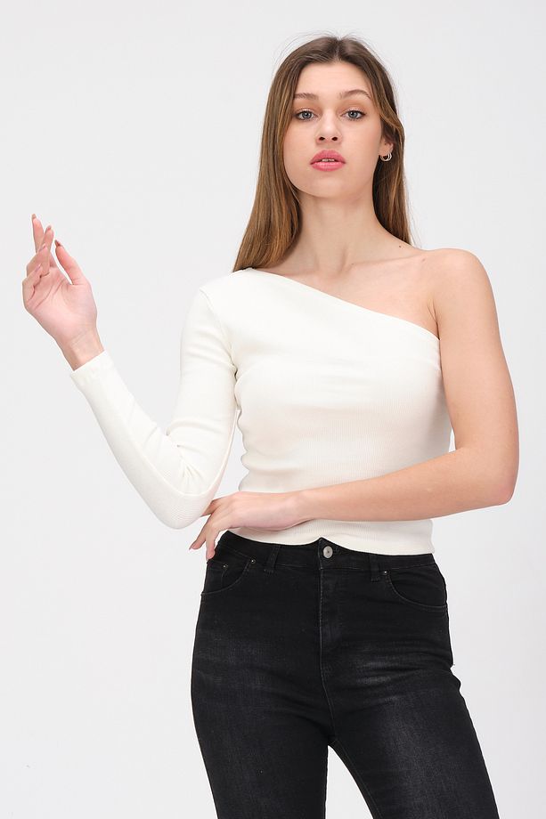 Kadın Ekru Tek Omuz Açık Uzun Kollu Fitilli T-shirt Bluz - 3