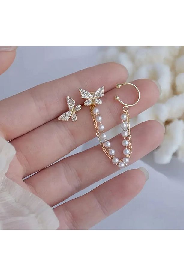 1 Çift Karakterli  İnci Zincir Püskül Kelebek Küpe Klips Seti - 1
