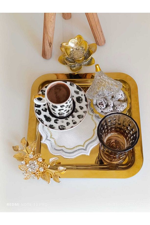 6 ADET Kahve & Çay & Sunum Tepsisi Gold 18/10 ÇELİK LÜX KRİSTALİZE TAŞLI Model - 2