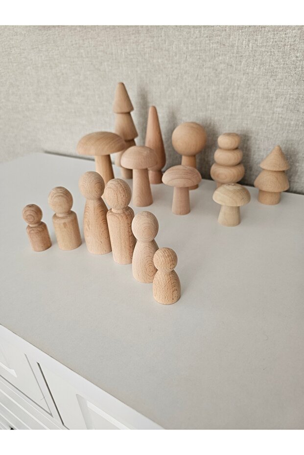 , Ham tam set ahşap oyuncak, Ham 6 lı ahşap aile peg bebek, 5 ağaç, 4 mantar - 7