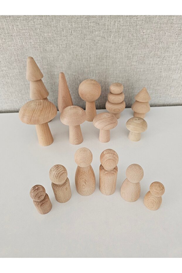 , Ham tam set ahşap oyuncak, Ham 6 lı ahşap aile peg bebek, 5 ağaç, 4 mantar - 6