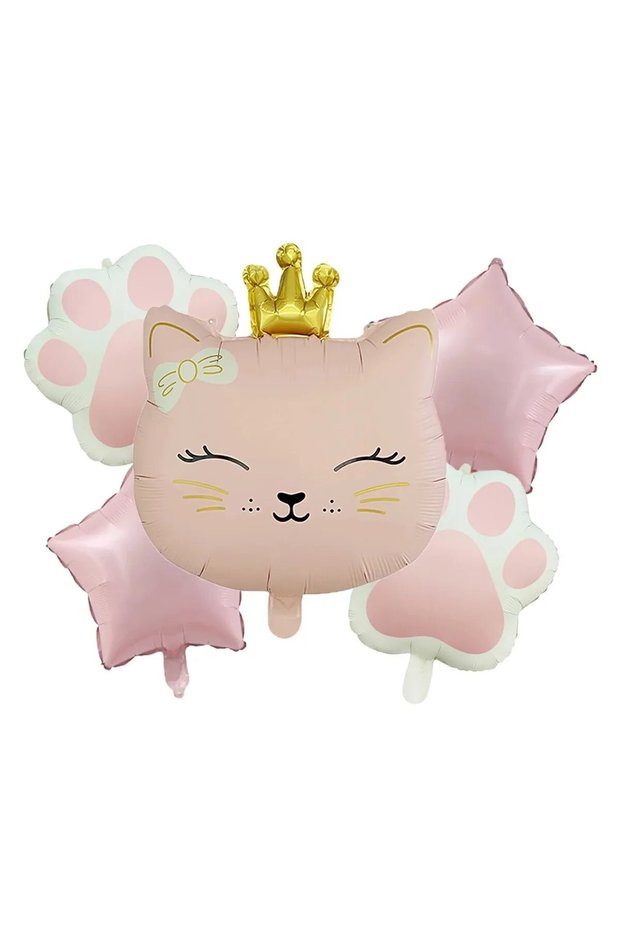 Pink Cat Paw Crowned Cat Head Foil Balloon Animal Balloon Party Set Ornament