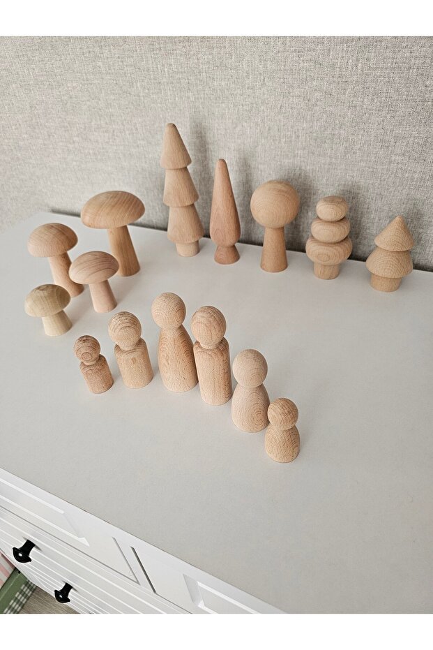 , Ham tam set ahşap oyuncak, Ham 6 lı ahşap aile peg bebek, 5 ağaç, 4 mantar - 5