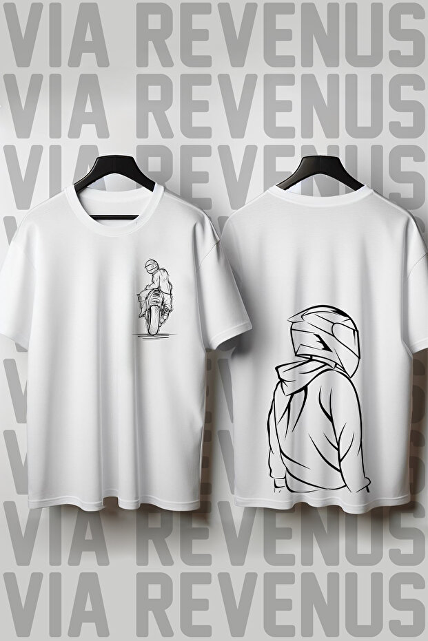Biker Front and Back Printed Wide Fit Unisex Crew Neck Tshirt