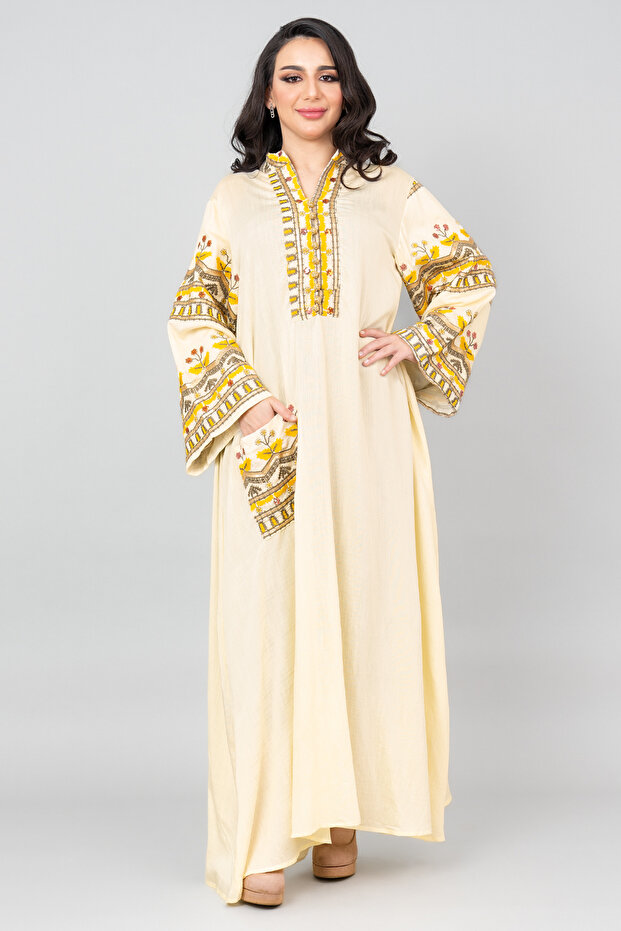 جلابية مطرزة سادة مع جيب - 1