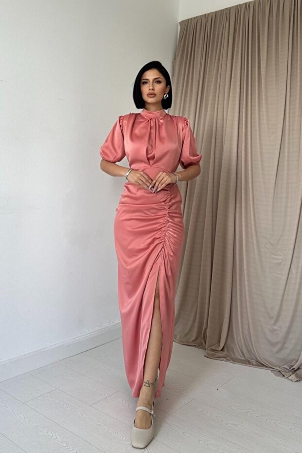 Powder Gathered Satin Dress