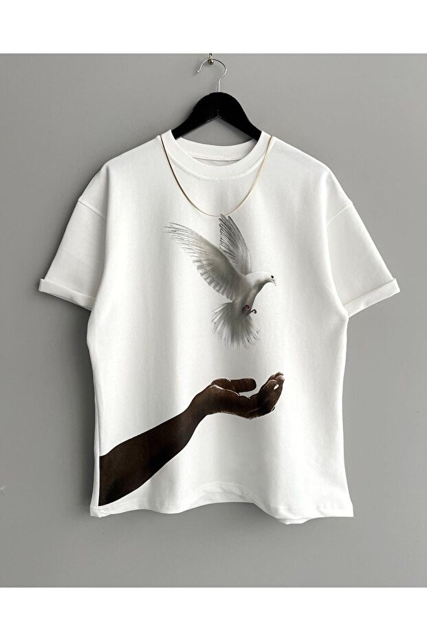 Pigeon Printed Oversize Crew Neck Cotton T-shirt