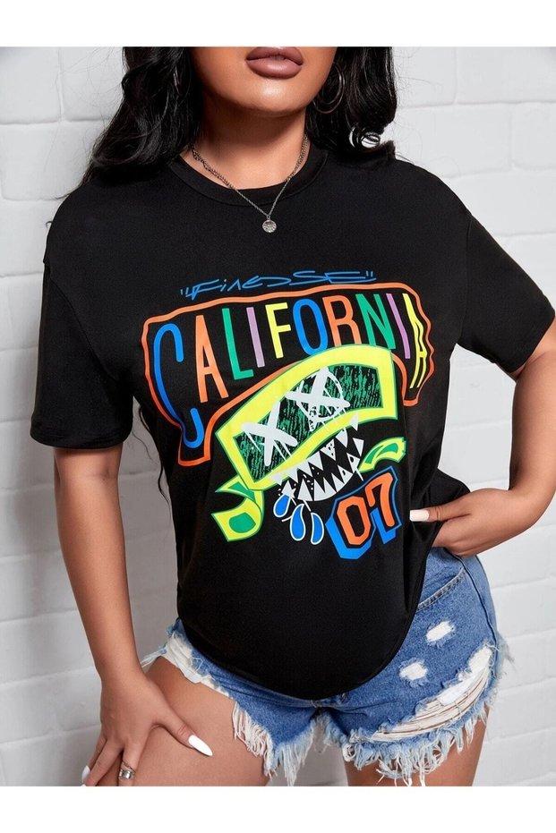 Large Size Colorful Neon Printed California 07 Printed Oversize Black T-shirt
