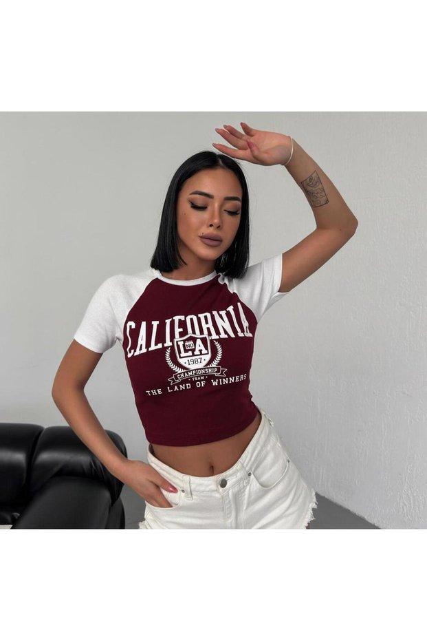 Unisex California Printed Reglan White Sleeve Short 100% Cotton Crop T-shirt