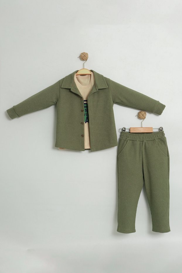 Boy's Waffle Fabric Shirt Combed Cotton 3-Piece Triple Suit