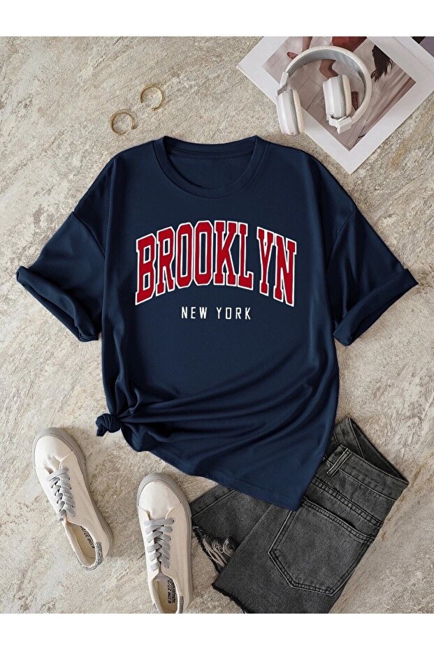 Plus Size Navy Blue Brooklyn New York Red Printed Oversize Unisex Cotton T-shirt