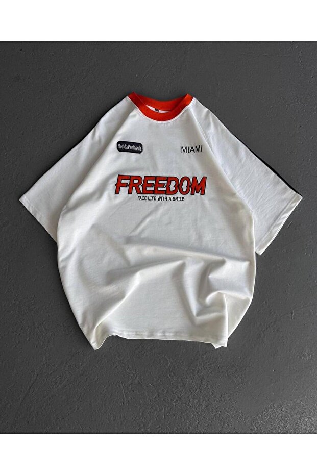 Unisex Large Size Freedom Printed Collar Red Short Sleeve 100% Cotton T-Shirt