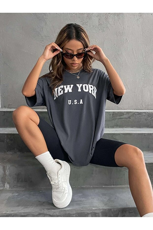 Plus Size U.s.a Women's New York Printed Oversize T-shirt