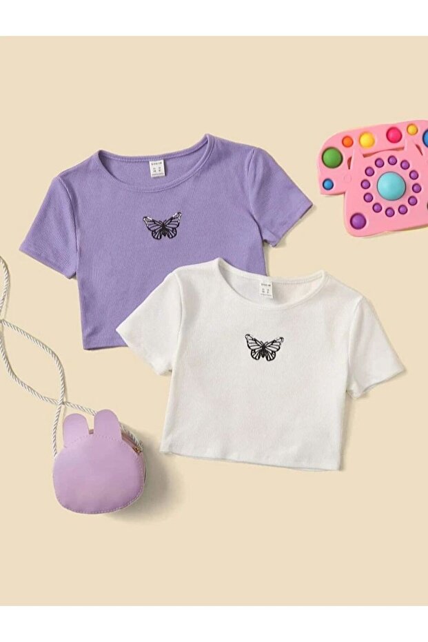 Children's Butterfly Printed 2-Piece Short Sleeve 100% Cotton Crop T-Shirt