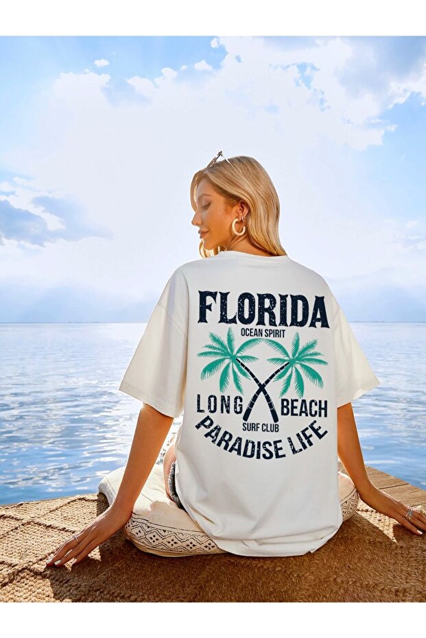 Florida 'paradise Life' Front and Back Printed Oversize Ecru T-shirt