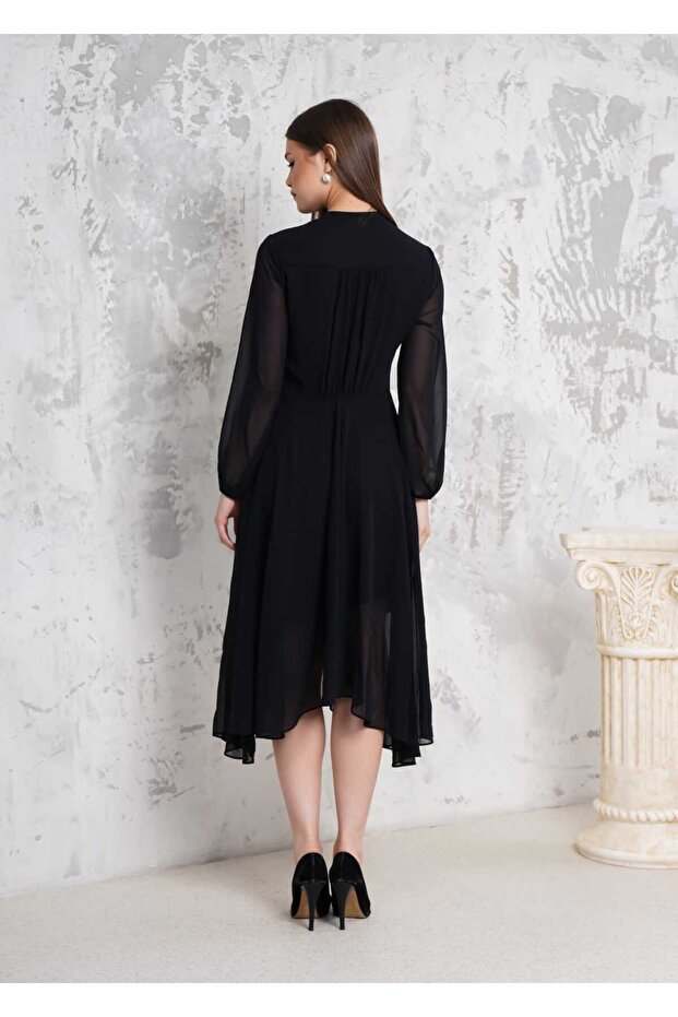SİYAH ŞİFON UZUN TÜL KOLLU YANDAN GİZLİ FERMUARLI ASTARLI MİDİ ELBİSE - 4