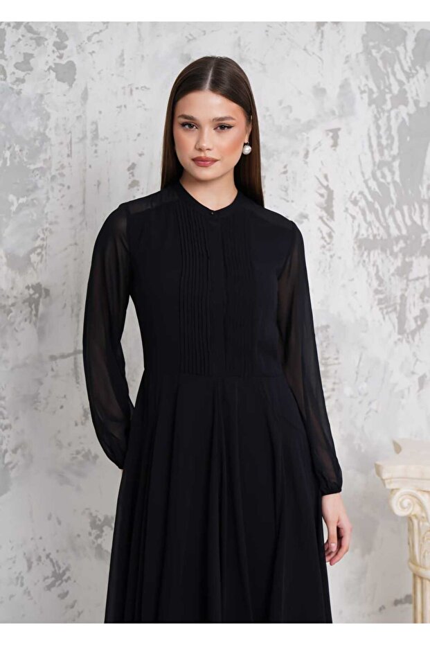 SİYAH ŞİFON UZUN TÜL KOLLU YANDAN GİZLİ FERMUARLI ASTARLI MİDİ ELBİSE - 1